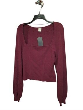 Market Spruce Burgundy Ribbed Square Neck Sweater Long Sleeves Cropped Medium